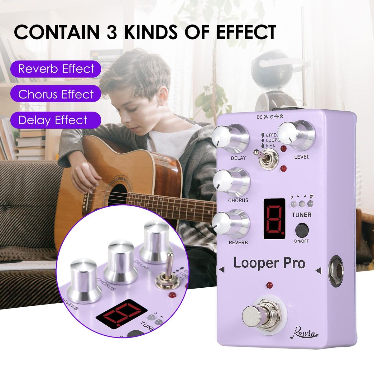 Rowin RE-05 Loop Guitar Effector Looper Tuner Mini Guitar Looper Effect Pedal Full Metal Shell with Reverb Chorus Delay Effects