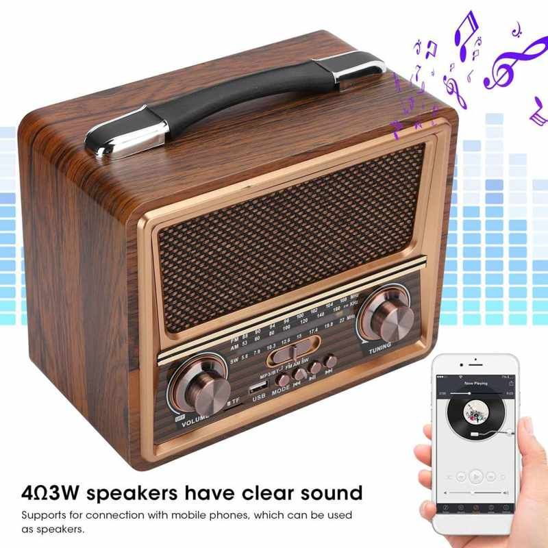 Radio Adjustable Radio FM/AM/SW Radio Portable Wooden Wireless Bluetooth Speaker Rechargeable Radio 110/220V