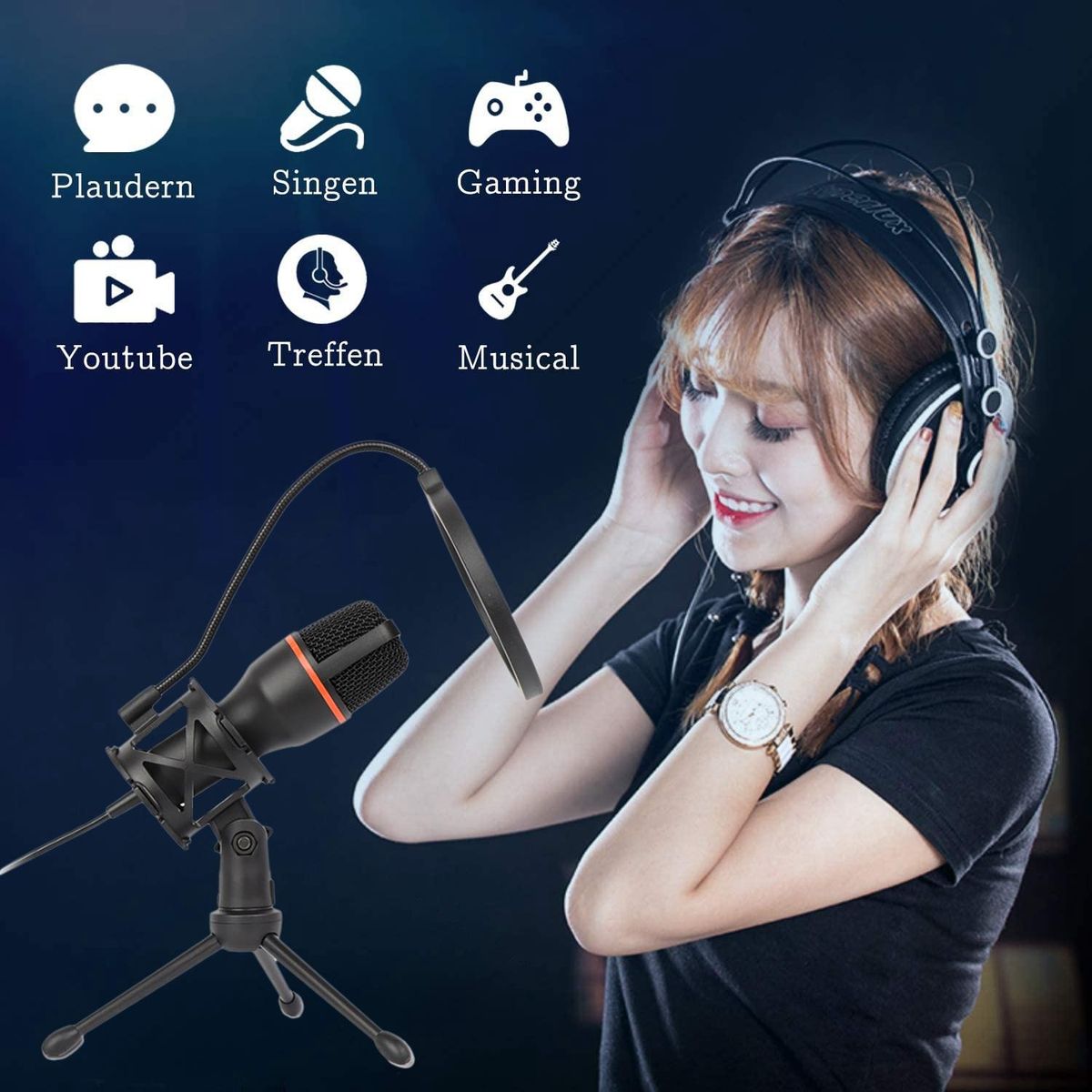 USB Microphone with Tripod Stand and Filter PC Microphone for Karaoke Recording Online Chat Games Podcasting