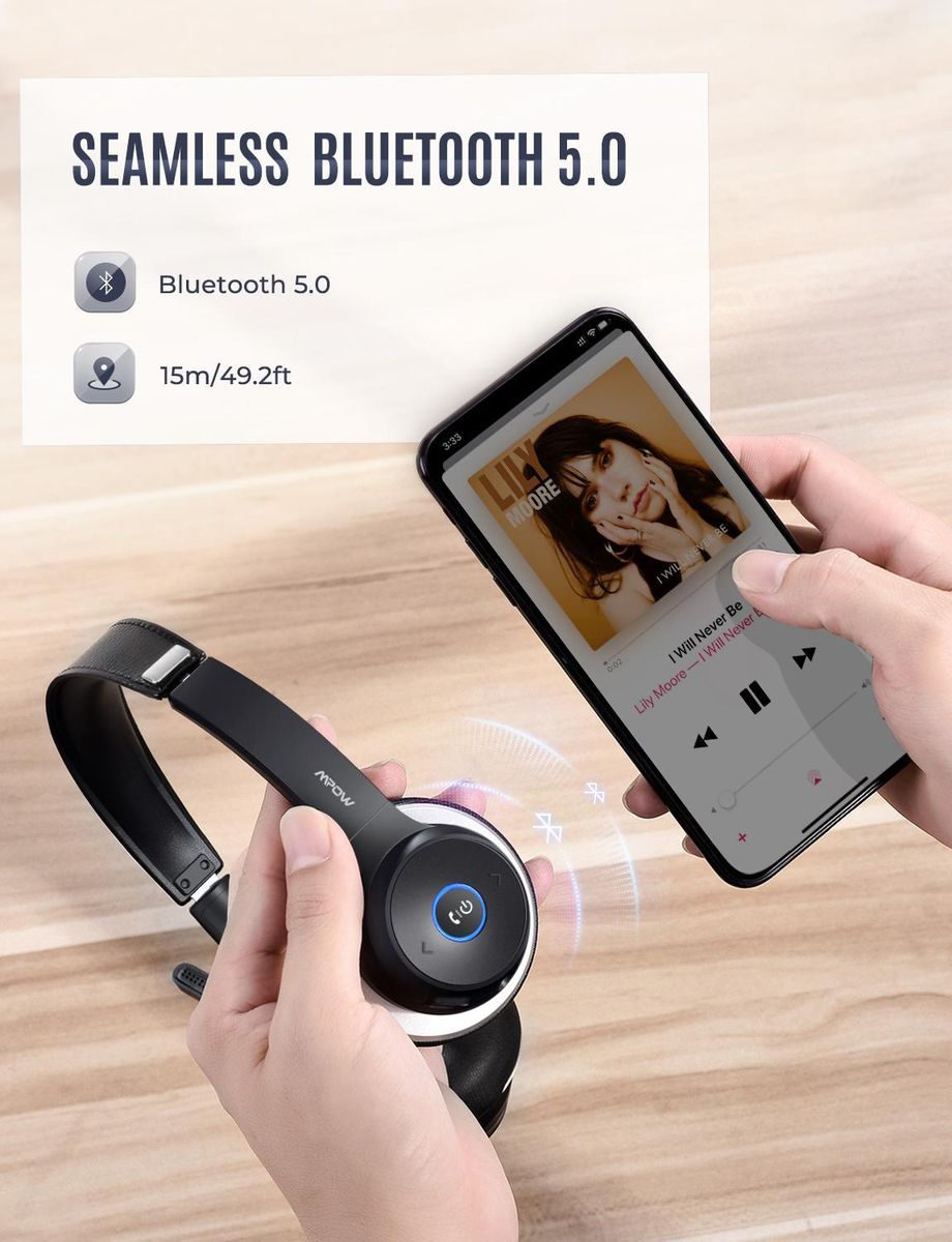 Mpow HC5 Wireless Bluetooth 5.0 Headsets with CVC 8.0 Noise Cancelling Microphone Clear Calls Headsets for Call Center PC Office