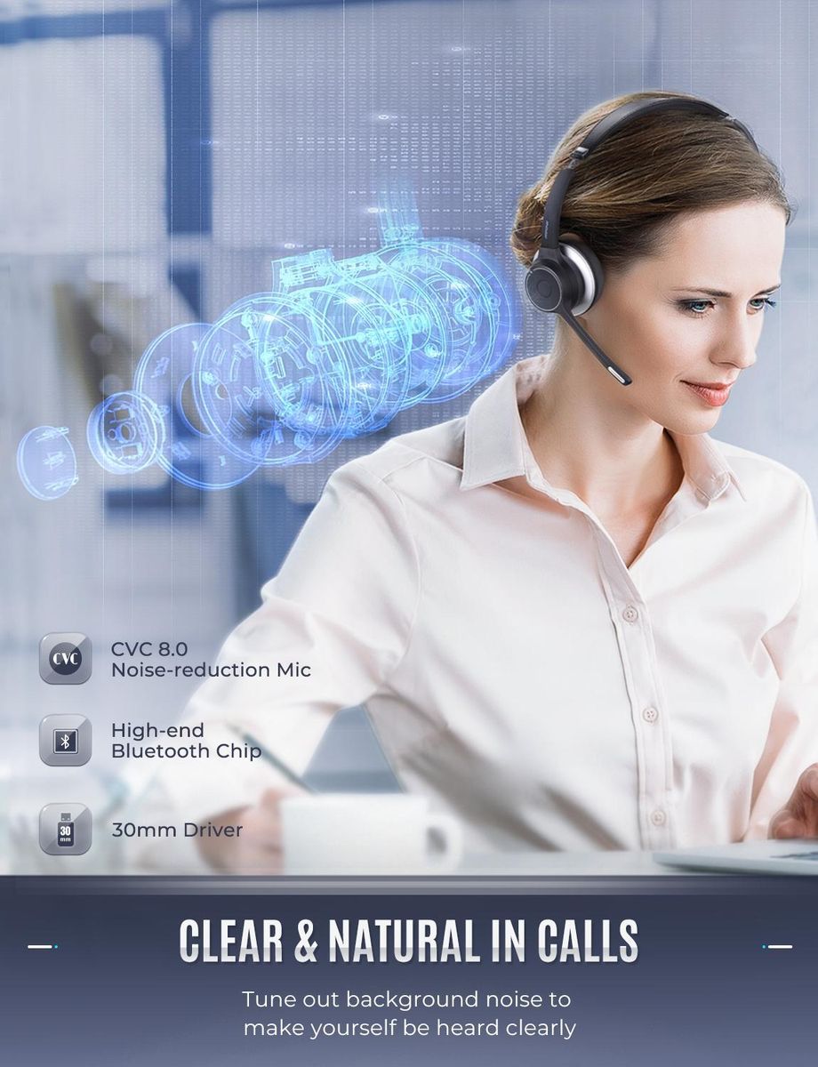 Mpow HC5 Wireless Bluetooth 5.0 Headsets with CVC 8.0 Noise Cancelling Microphone Clear Calls Headsets for Call Center PC Office
