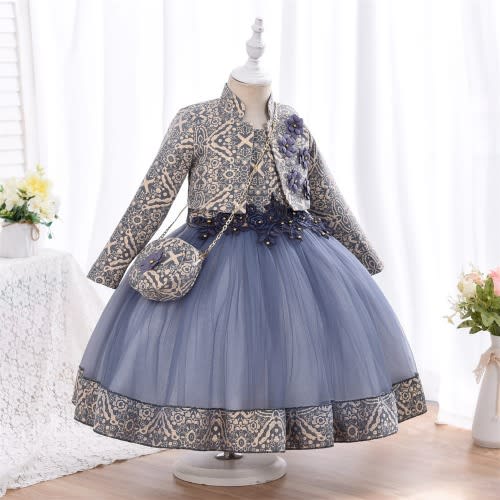 Jacquard Print Gown With Purse For Girls- Navy Blue