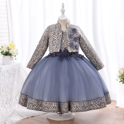 Jacquard Print Gown With Purse For Girls- Navy Blue