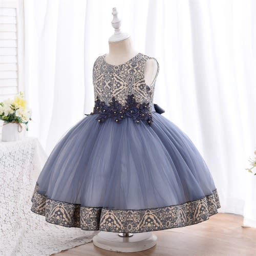 Jacquard Print Gown With Purse For Girls- Navy Blue