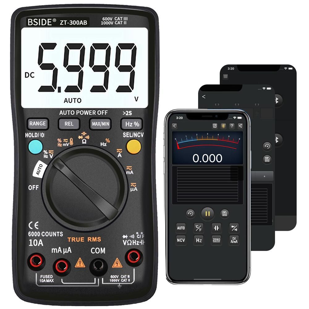 BSIDE Multimeter Auto/Manual Range Digital Universal Meter 6000 Counts LCD Display True RMS Smart AC/DC Voltage Current Meter with BT Function AC/DC Voltage Current Resistance Capacitance Frequency Temperature Duty Cycle Meas