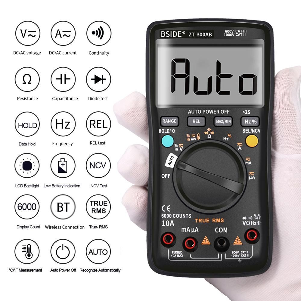 BSIDE Multimeter Auto/Manual Range Digital Universal Meter 6000 Counts LCD Display True RMS Smart AC/DC Voltage Current Meter with BT Function AC/DC Voltage Current Resistance Capacitance Frequency Temperature Duty Cycle Meas
