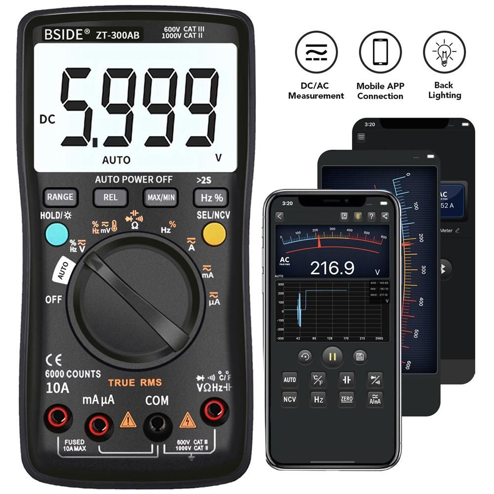BSIDE Multimeter Auto/Manual Range Digital Universal Meter 6000 Counts LCD Display True RMS Smart AC/DC Voltage Current Meter with BT Function AC/DC Voltage Current Resistance Capacitance Frequency Temperature Duty Cycle Meas