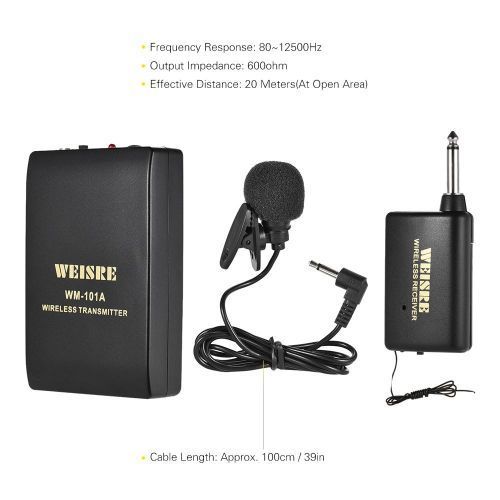 Portable Lavalier Lapel Collar Clip-on FM Wireless Microphone System Voice Amplifier 1/4in Output Plug With Bodypack Transmitter Mini Mic Receiver For Teacher Lecturer Conference Speech Promotion (Black) JOERU