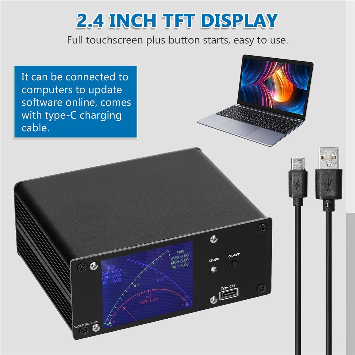 24Inch TFT Touch Screen Standing Wave Meter 04MHz-60MHz 01MW-1KW Instantaneous Power SWR PWR Short Wave Power Meter