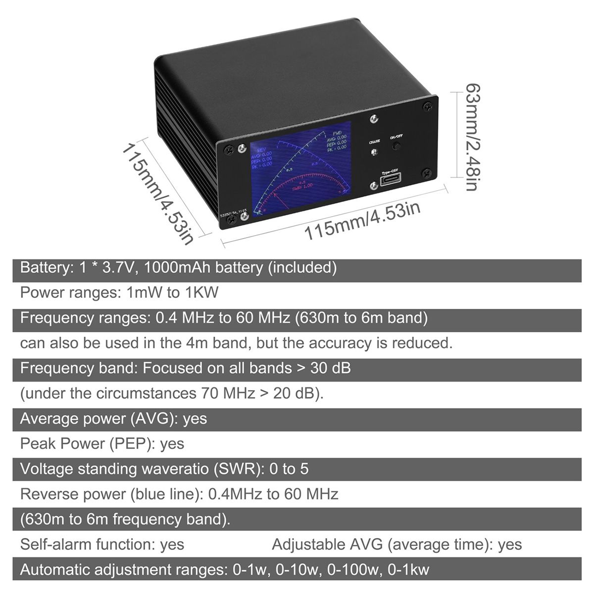 24Inch TFT Touch Screen Standing Wave Meter 04MHz-60MHz 01MW-1KW Instantaneous Power SWR PWR Short Wave Power Meter
