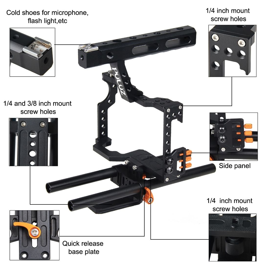 PULUZ Camera Cage Handle Stabilizer For Sony A7 & A7S & A7R, A7R II & A7S II, A7RIII & A7 III, Panasonic Lumix DMC-GH4(Orange)