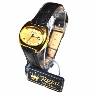 Ladies Leather Gold Dial Date Fashion Watch - Black