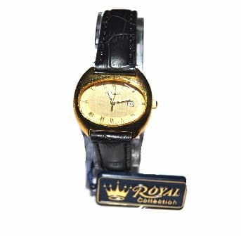 Ladies Leather Gold Dial Date Fashion Watch - Black