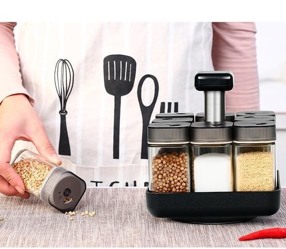 Kitchen Jars For Spices Rotating Glass Cruet Seasoning Jar Set BBQ Pepper Salt Shakers Paprika Bottle Kitchen Storage Rack Jar