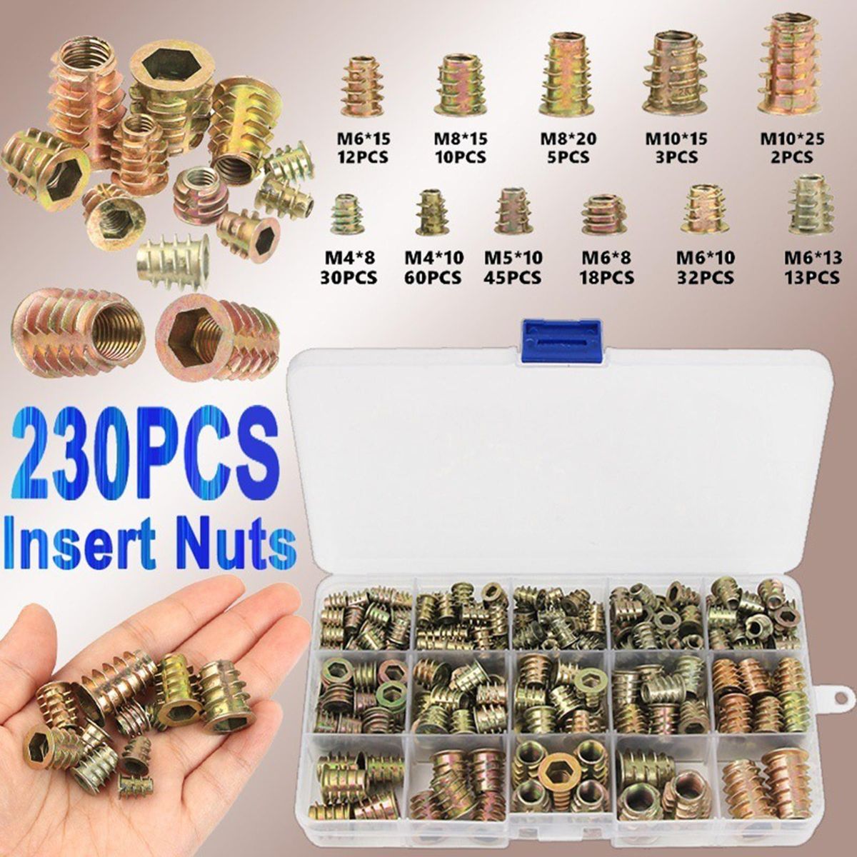 230 Pieces M4/M5/M6/M8/M10 Threaded Insert Nuts Threaded Insert
