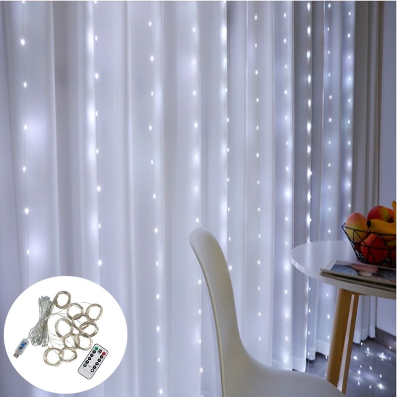LED Curtain Gard On The Window USB Power Supply Fairy Light Flower Ribbon Remote New Year Gard Light Christmas Decoration--White--3x3m