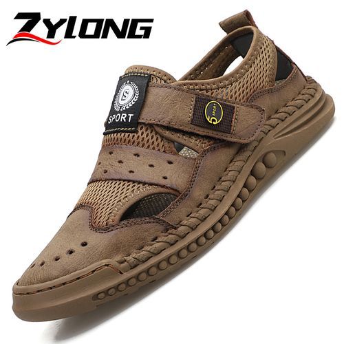 Exquisite Handmade Sandals Men Shoes Big Size 39-46 High Quality Full Grain Calf Leather+Mesh Sandals Male Climbing Quick-dry Water Shoes Coffee