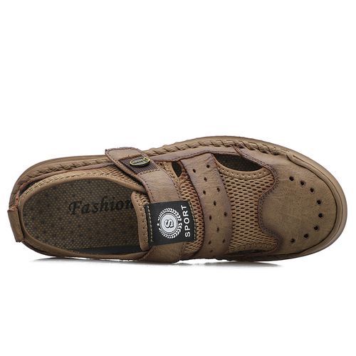Exquisite Handmade Sandals Men Shoes Big Size 39-46 High Quality Full Grain Calf Leather+Mesh Sandals Male Climbing Quick-dry Water Shoes Coffee
