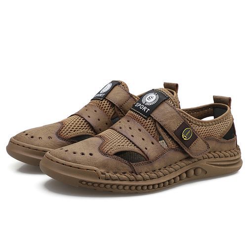 Exquisite Handmade Sandals Men Shoes Big Size 39-46 High Quality Full Grain Calf Leather+Mesh Sandals Male Climbing Quick-dry Water Shoes Coffee
