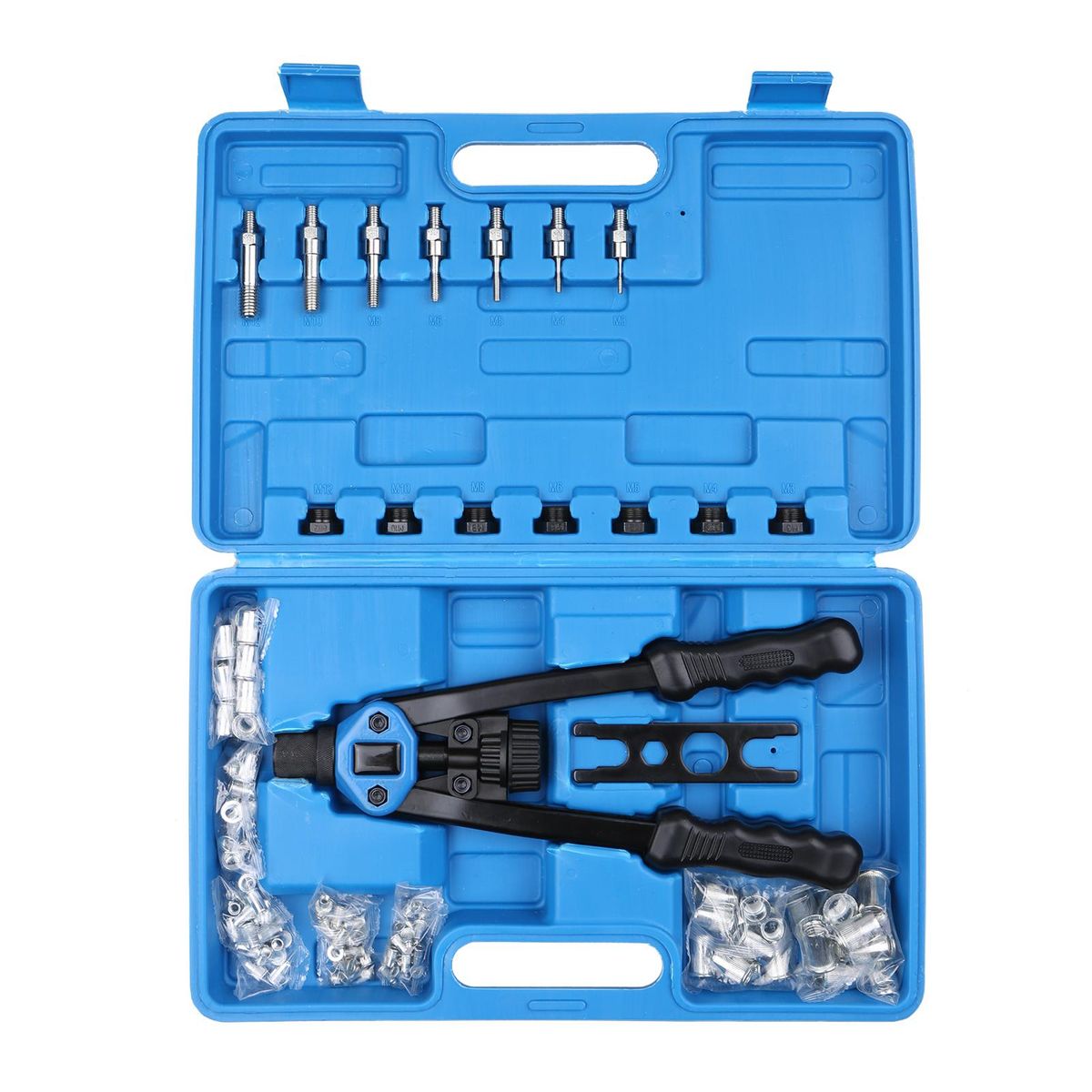 110Pcs Hand Rivet Nut Tool Riveting Tool Set Rivet Nut Setter Kit with 100pcs Assorted Rivet Nuts 7 Metric Mandrels of M3/M4/M5/M6/M8/M10/M12 and Molded Carrying Case