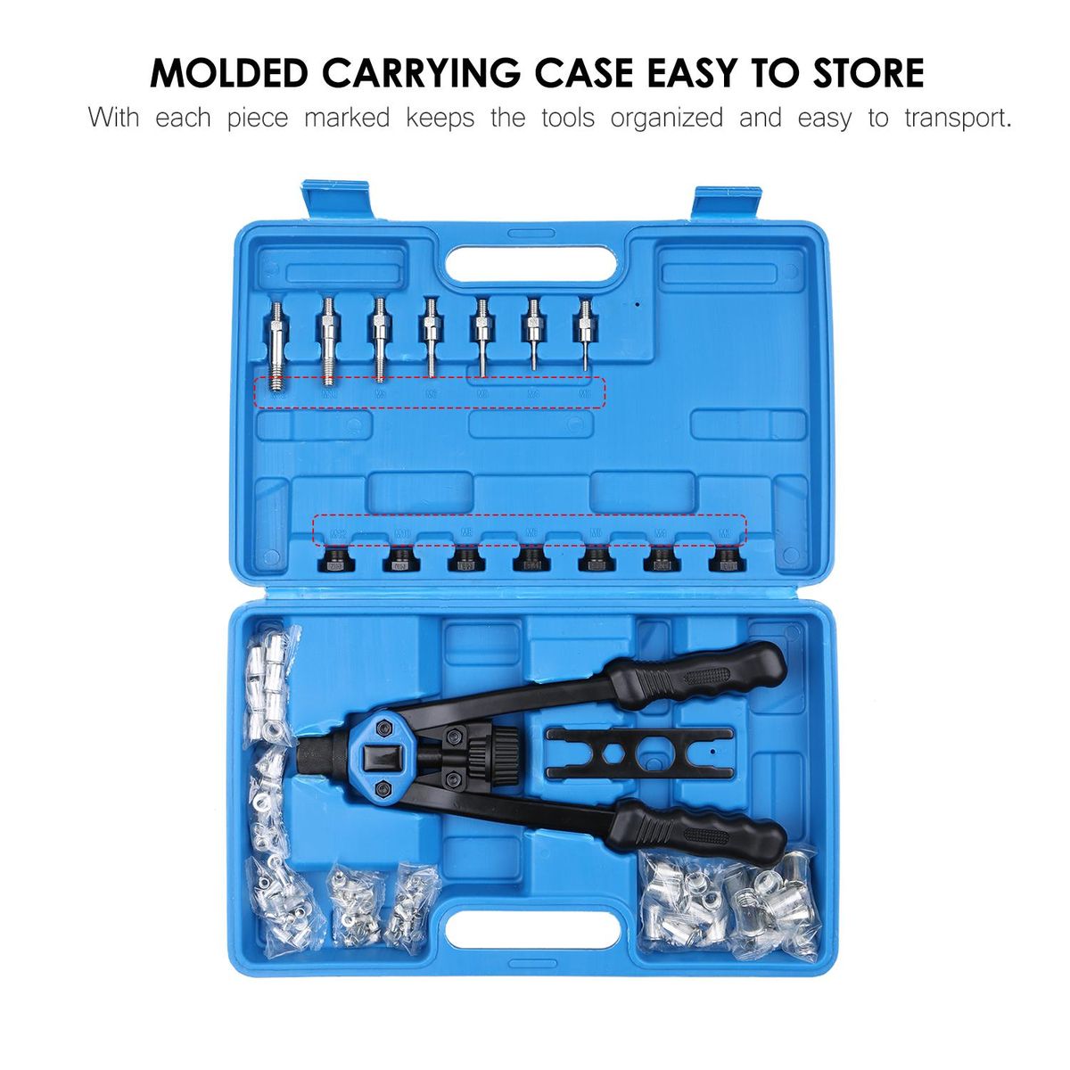 110Pcs Hand Rivet Nut Tool Riveting Tool Set Rivet Nut Setter Kit with 100pcs Assorted Rivet Nuts 7 Metric Mandrels of M3/M4/M5/M6/M8/M10/M12 and Molded Carrying Case