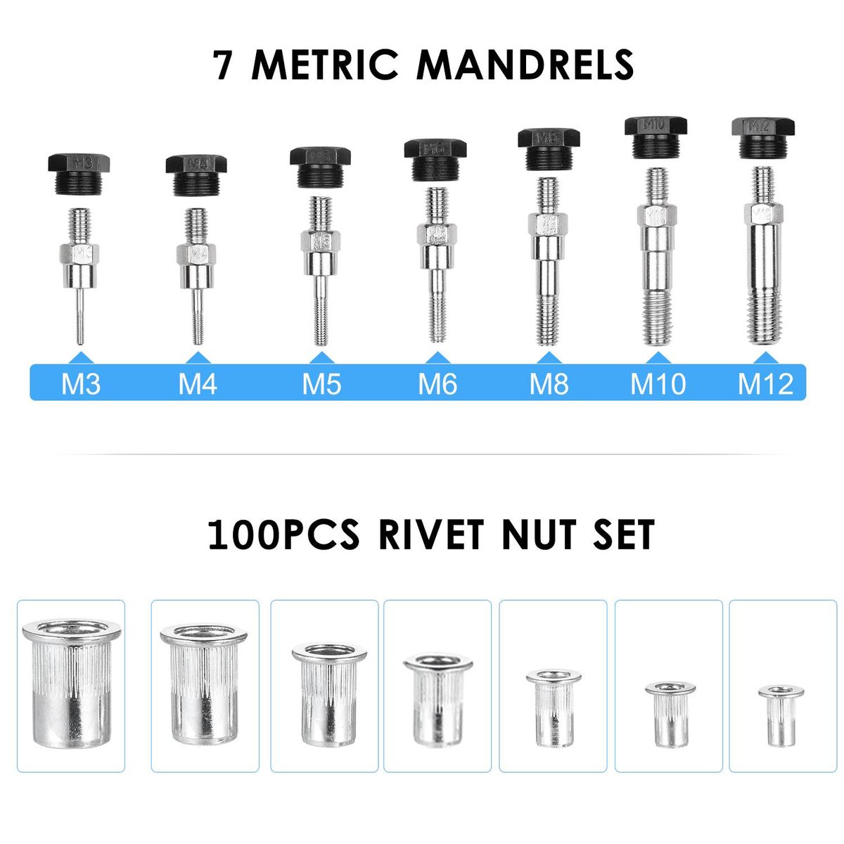 110Pcs Hand Rivet Nut Tool Riveting Tool Set Rivet Nut Setter Kit with 100pcs Assorted Rivet Nuts 7 Metric Mandrels of M3/M4/M5/M6/M8/M10/M12 and Molded Carrying Case