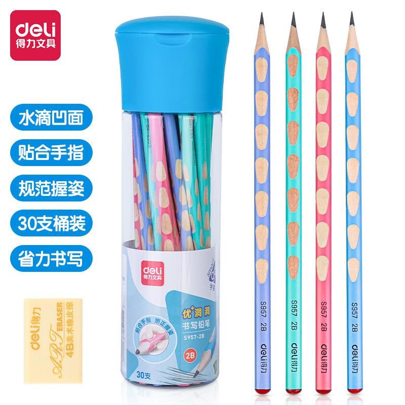 Deli S957 Hole Writing Pencil Posture Correction Pencil Triangle Pole 2B/HB Pencil Sketch Drawing Pencil