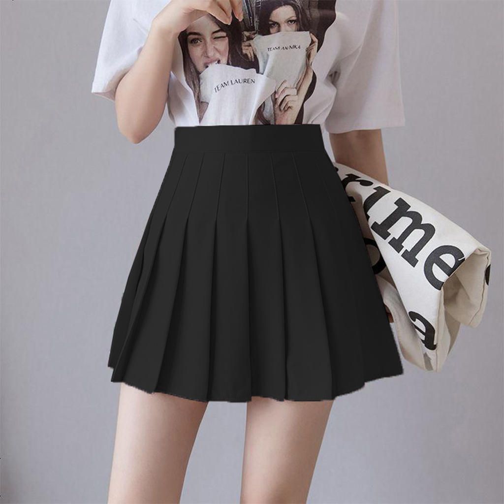 Womens Pleated Skirt High Waist Zip Lining Short Mini Beach Black L