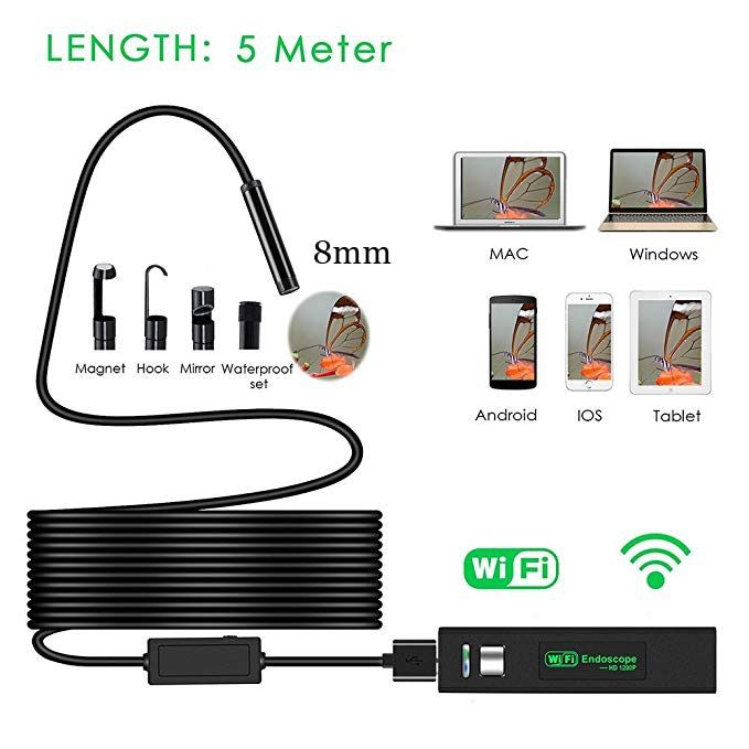 8mm Wifi Endoscope Android/IOS/PC Borescope Waterproof Lens 8 LED Lights Endoscopic HD Camera Soft Tube Wifi Endoscope Camera-5M Softwire