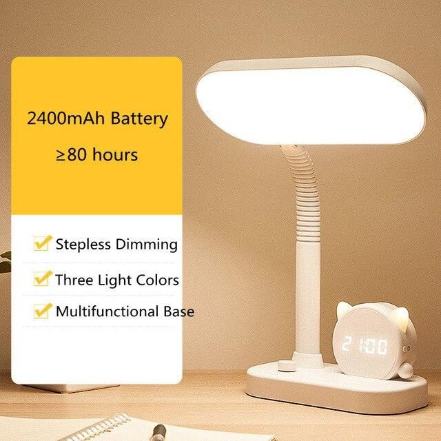 LED Reading Desk Lamp Stepless Dimming USB Rechargeable Light Tri-color Switch Bedside Lamps With Clock Pen Holder Night Lights