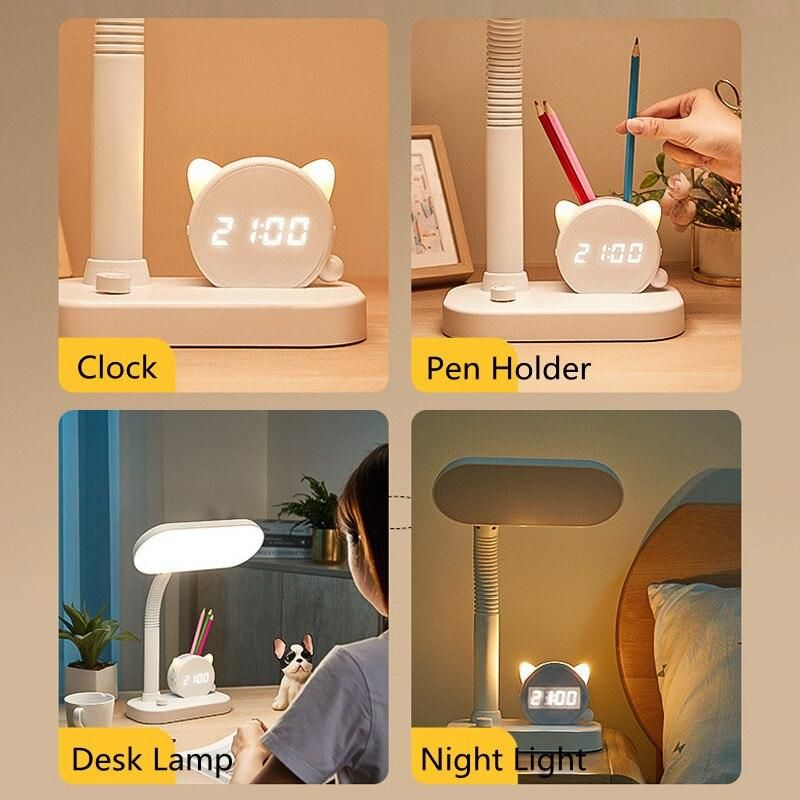 LED Reading Desk Lamp Stepless Dimming USB Rechargeable Light Tri-color Switch Bedside Lamps With Clock Pen Holder Night Lights