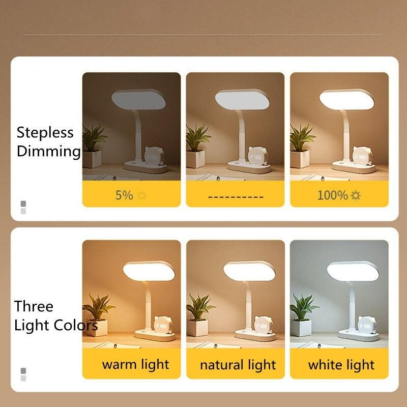 LED Reading Desk Lamp Stepless Dimming USB Rechargeable Light Tri-color Switch Bedside Lamps With Clock Pen Holder Night Lights