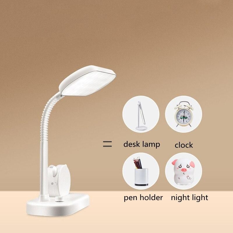 LED Reading Desk Lamp Stepless Dimming USB Rechargeable Light Tri-color Switch Bedside Lamps With Clock Pen Holder Night Lights