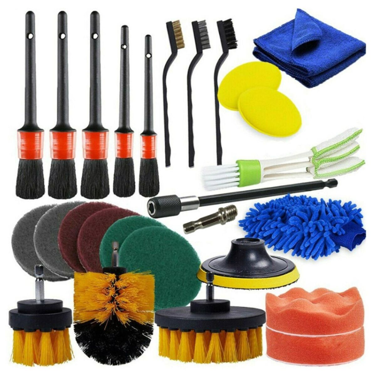 26 PCS Car Detailing Brush Kit Drill Brush Set for Wheel, Exterior Interior Car Cleaning Set (Scrub Pads, Sponges, Detailing Brushes, Washing Mitt, Air Vent Brush, Cleaning Cloth)