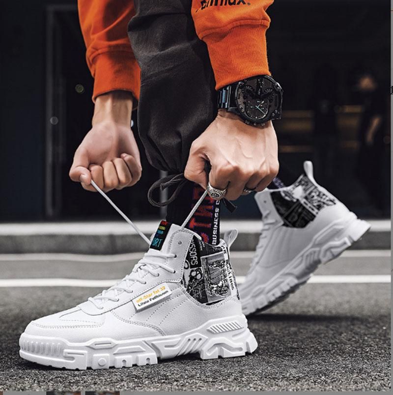 Men's High Top Sports Running Shoes Fashion Youth Casual Shoes - White Black
