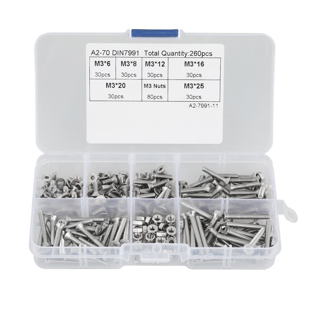260pcs M3 304 Stainless Steel Hex Socket Flat Head Screw