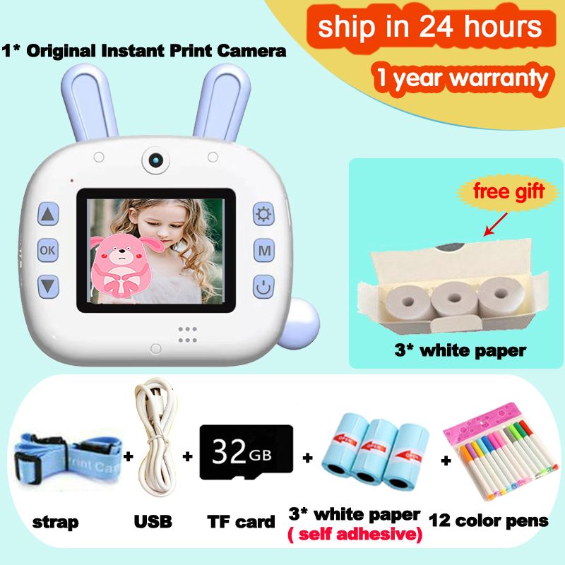 Portable Mini Wifi Child Instant Print Camera Thermal Printing Camera Digital Photo Camera Girl Toy Kid Camera Video Recorder 6 Paper 32G 12 Pen