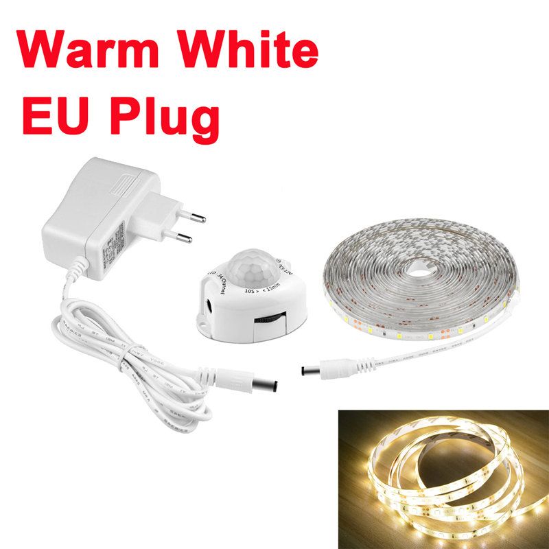 Wireless PIR Motion Sensor LED Under Cabinet Light Bedroom Bed Night Light Sensor LED Strip Kitchen Cupboard Wardrobe Lamp Decor--Warm  EU Plug