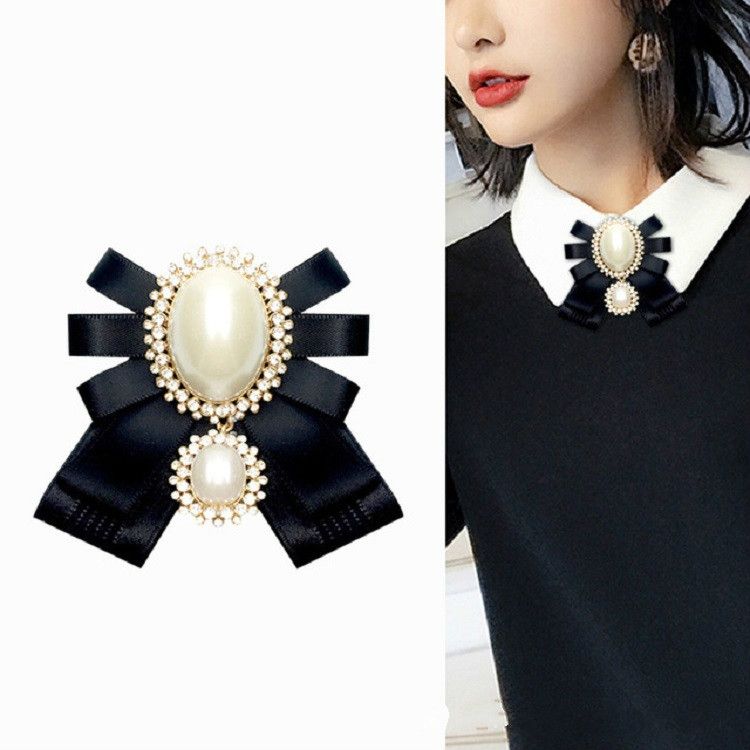 Pin Buckle Version Women Pearl Bow-knot Bow Tie Cloth Brooch