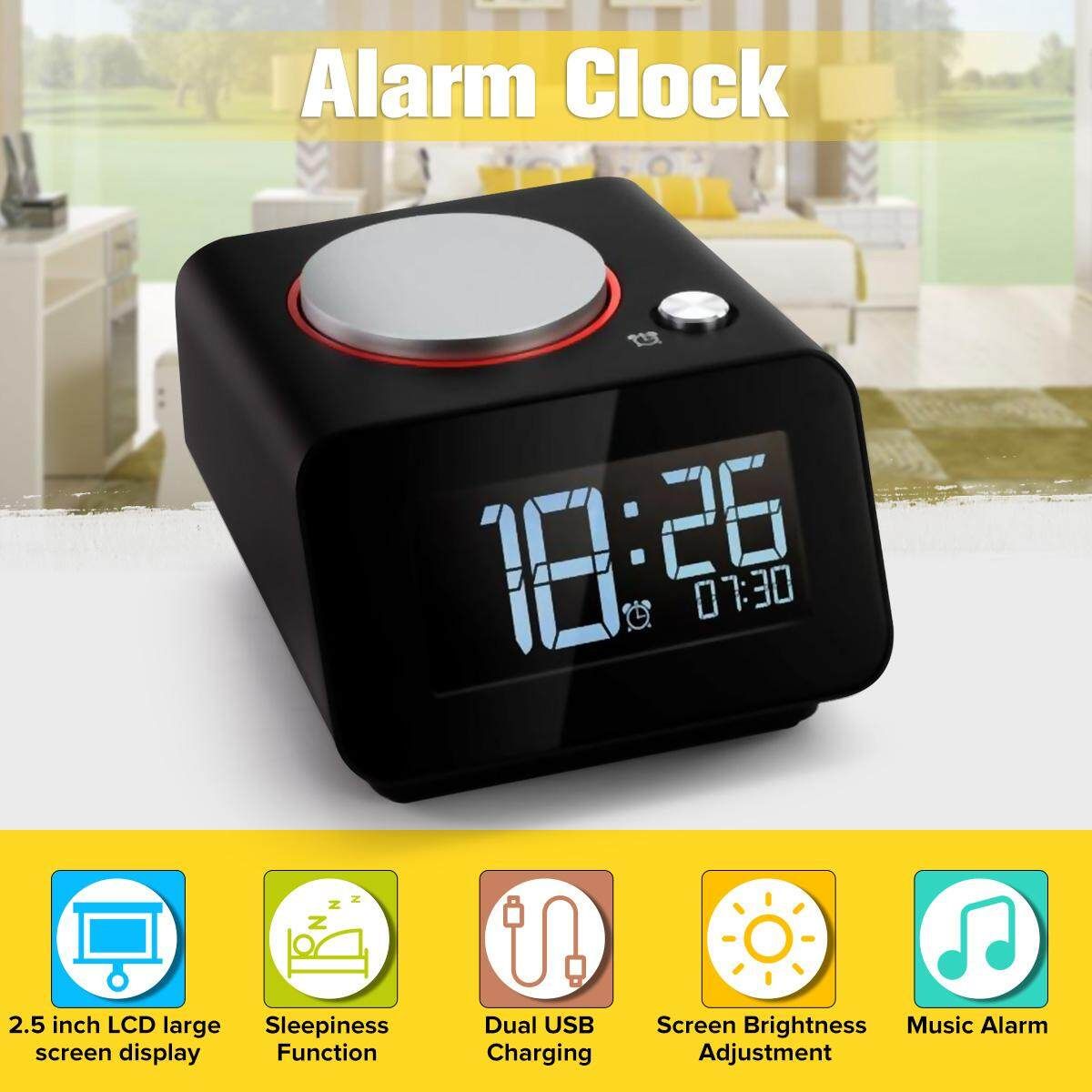 Portable LCD Digital Alarm Clock Snooze Dual USB Rechargeable LED Backup Function Alarm Clock