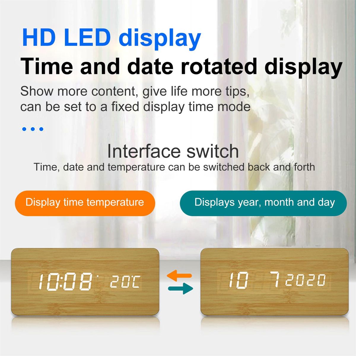 Wooden Digital Alarm Clock with Wireless Charging 3 Alarms LED Display Sound Control  for Bedroom Bedside Office Gift for   Kids Friends