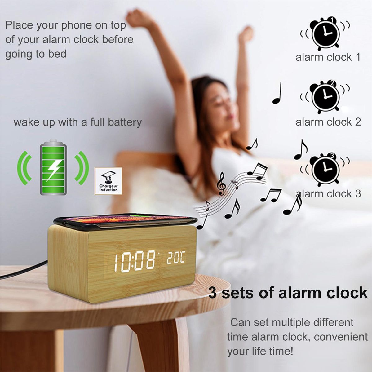Wooden Digital Alarm Clock with Wireless Charging 3 Alarms LED Display Sound Control  for Bedroom Bedside Office Gift for   Kids Friends