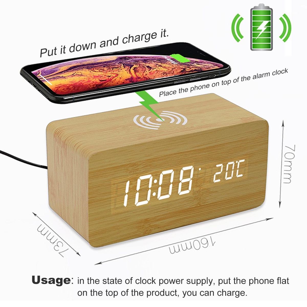 Wooden Digital Alarm Clock with Wireless Charging 3 Alarms LED Display Sound Control  for Bedroom Bedside Office Gift for   Kids Friends