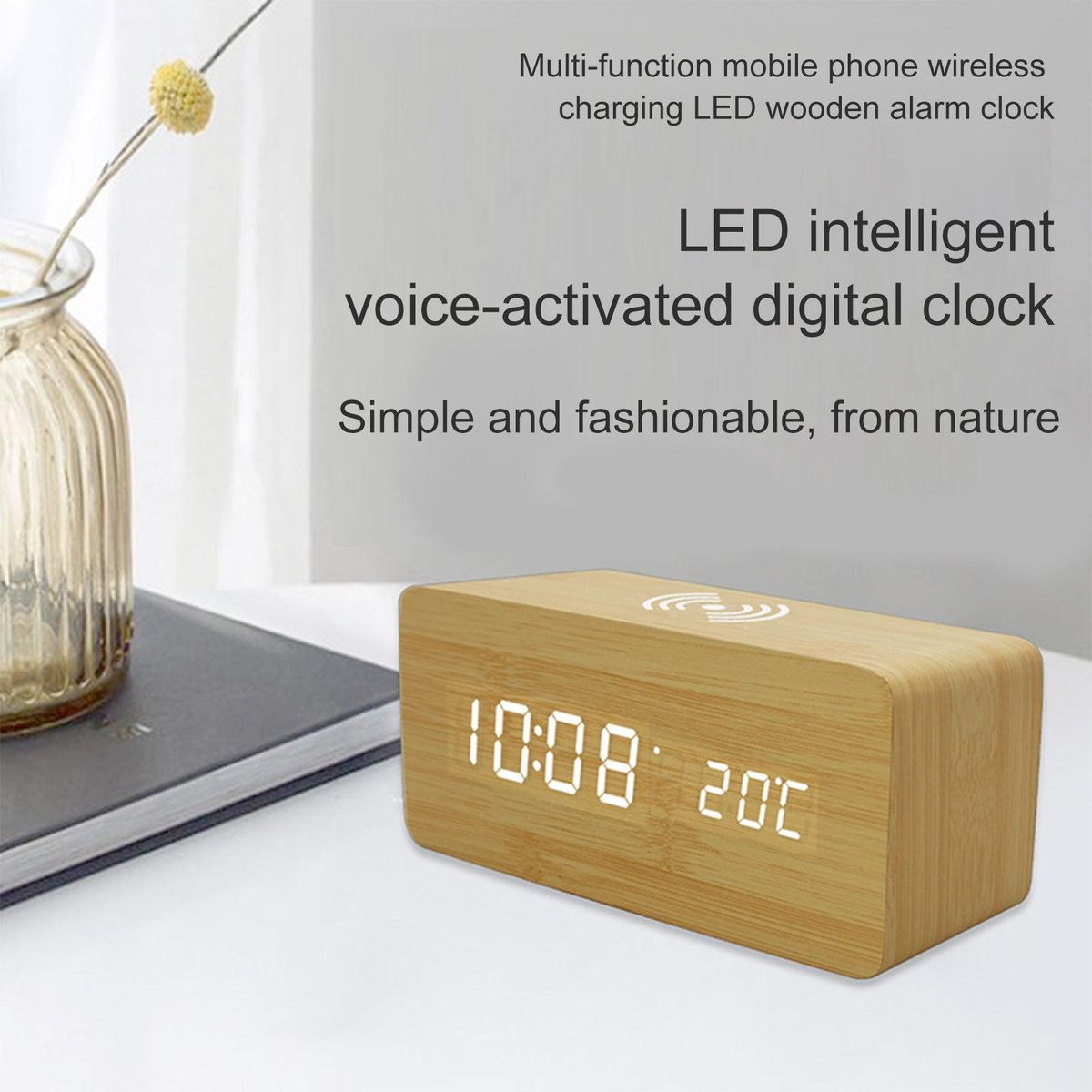 Wooden Digital Alarm Clock with Wireless Charging 3 Alarms LED Display Sound Control  for Bedroom Bedside Office Gift for   Kids Friends