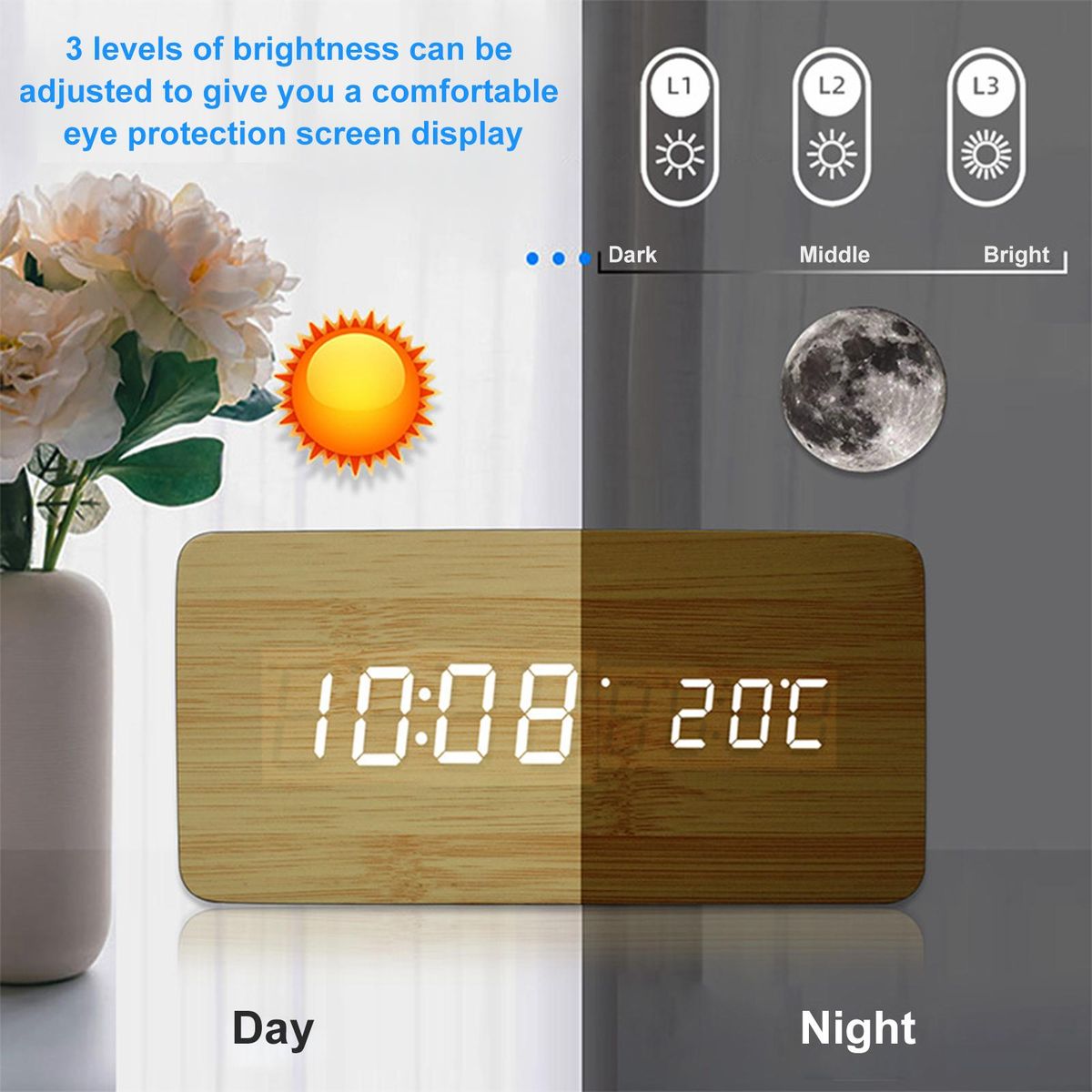 Wooden Digital Alarm Clock with Wireless Charging 3 Alarms LED Display Sound Control  for Bedroom Bedside Office Gift for   Kids Friends