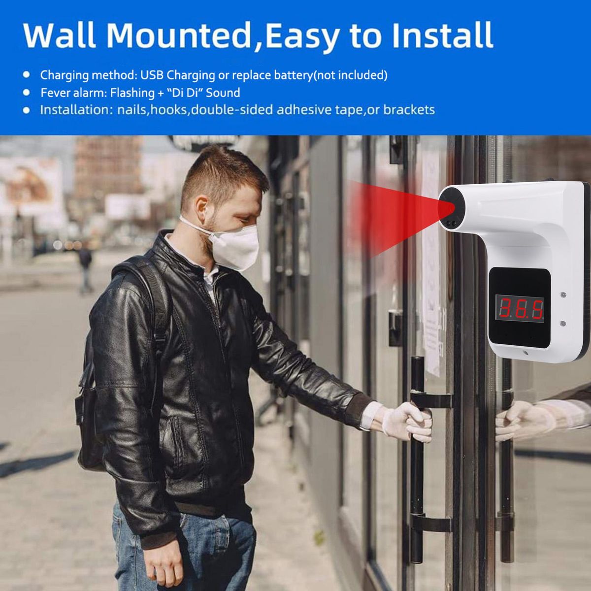 Non-contact Infrared Thermometer Auto Intelligent Forehead Thermometer Double Color Backligt °C/°F Switch 1S Fast Measurement, High Temperature Buzzer Alarm, Wall Hanging or Tripod Support, USB Rechargeable