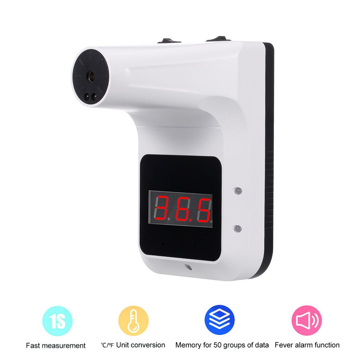 Non-contact Infrared Thermometer Auto Intelligent Forehead Thermometer Double Color Backligt °C/°F Switch 1S Fast Measurement, High Temperature Buzzer Alarm, Wall Hanging or Tripod Support, USB Rechargeable