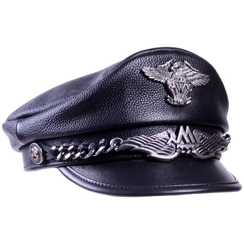 Deluxe   Cap Men Women Genuine Leather Heavy Machine Knight Punk Motorcycle Hat Korean Retro Student Ary Gorras-black