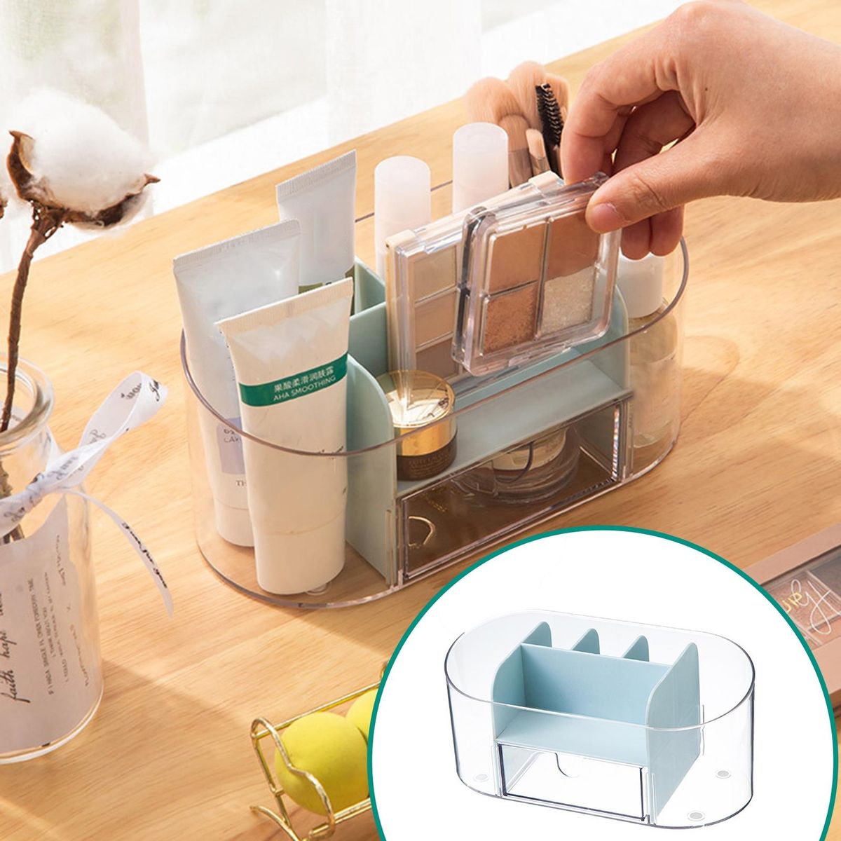 Transparent Cosmetic Organizer with Drawer Stylish Makeup for Home Blue