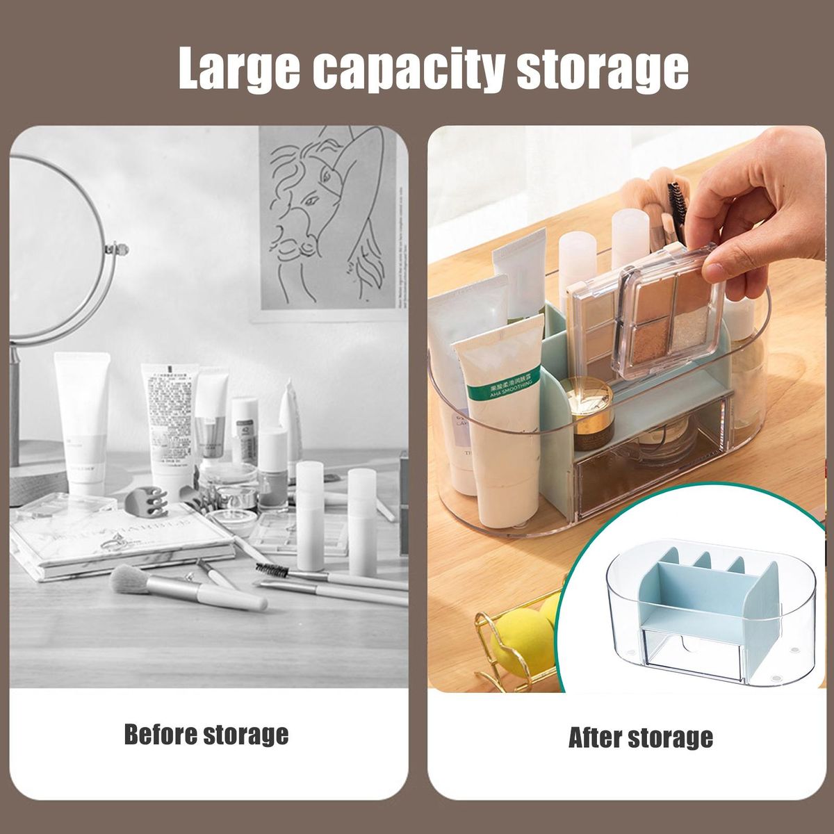 Transparent Cosmetic Organizer with Drawer Stylish Makeup for Home Blue